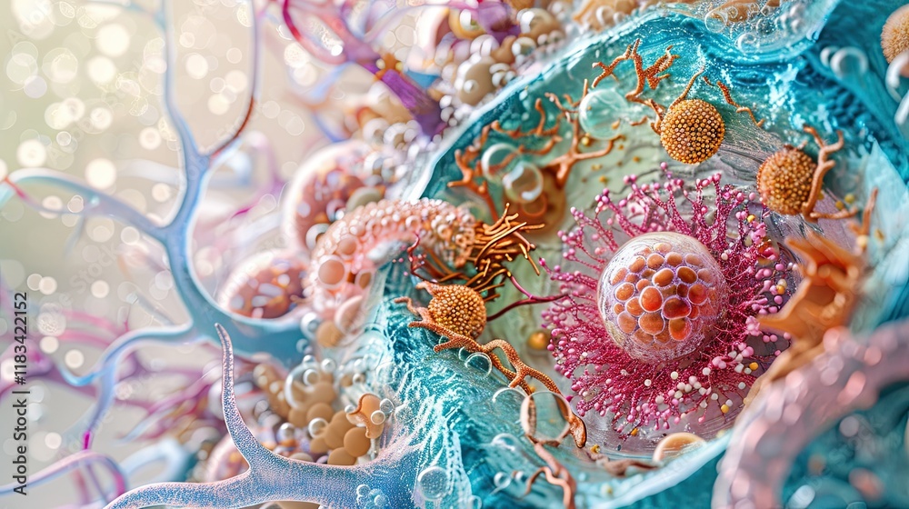 Naklejka premium cell with nucleus, mitochondria and ribosomes, light colors 