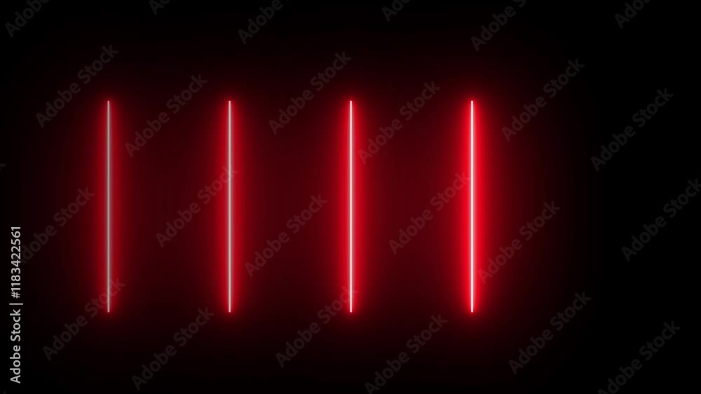 Five vertical red neon lines glow in a dark room, casting reflections on the floor.Colorful Neon Light Technology Loop Dancing Stage Isolated Transparent black Background
