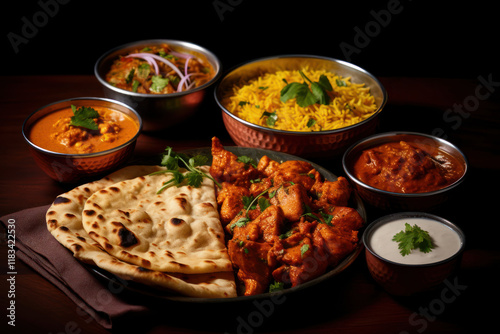 Indian food table meat naan. photo