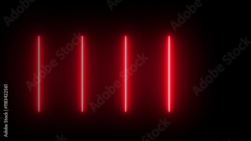 Five vertical red neon lines glow in a dark room, casting reflections on the floor.Colorful Neon Light Technology Loop Dancing Stage Isolated Transparent black Background