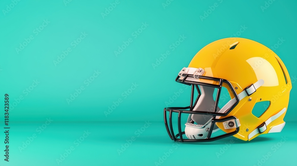 Fototapeta premium Bright Yellow American Football Helmet on Teal Background Surface