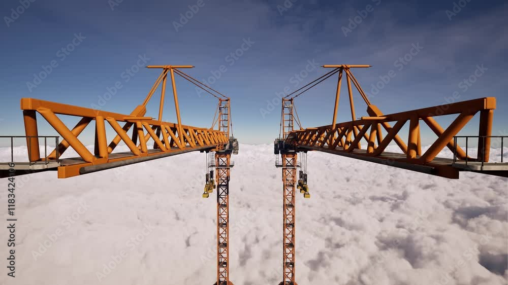 Construction tower cranes standing above cloudscape with white puffy clouds moving, on day time, with bright sun, 3D animation, camera zoom Construction tower cranes standing above cloudscape with white puffy clouds moving, on day time, with bright sun, 3D animation, camera zoom