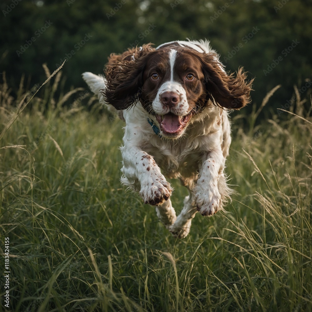 A joyful English springer spaniel jumping through tall grass. A joyful English springer spaniel jumping through tall grass.