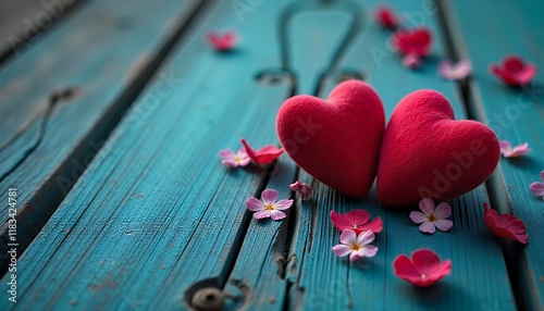 Two Red Hearts Resting on Teal Wooden Surface with Pink Flowers photo