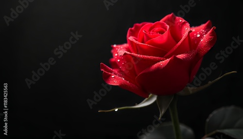 A Single Red Rose with Dew Drops Against a Dark Background photo