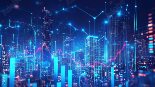 Wallpaper Mural A digital cityscape with glowing blue and red graphs, a digital twin, stock market charts and icons, financial data visualization on the background, a night sky Torontodigital.ca