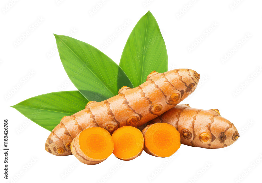 Turmeric root and leaves isolated on white background, no depth of field, sharp. Turmeric root and leaves isolated on white background, no depth of field, sharp.