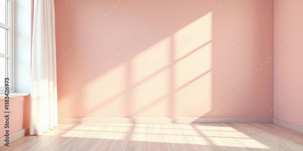 Fototapeta premium Sunlight Illuminates a Blank Room with Pale Pink Walls and White Curtains