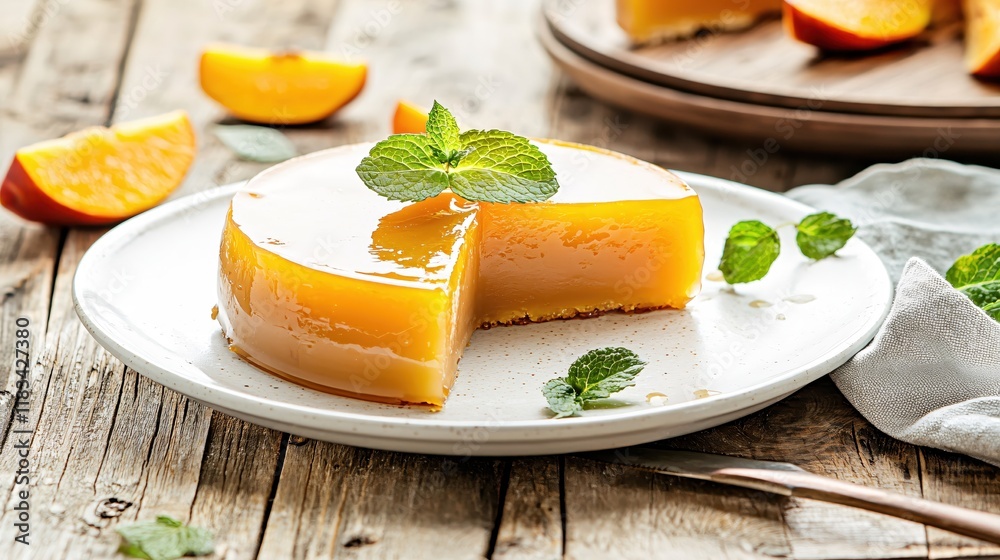 Delicious Peach Dessert Slice on Rustic Wooden Table