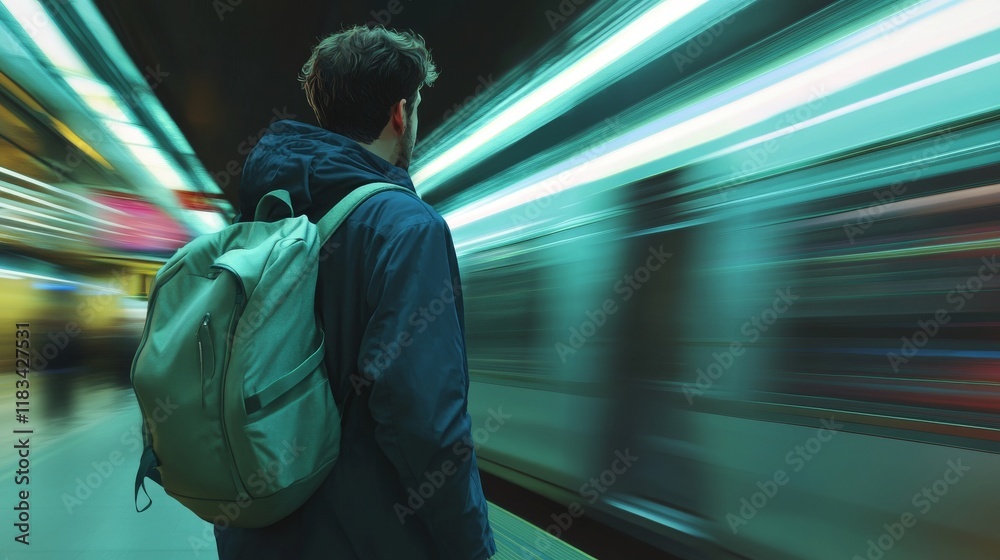 Fototapeta premium Man Waiting for Train Departure at Subway Station Platform