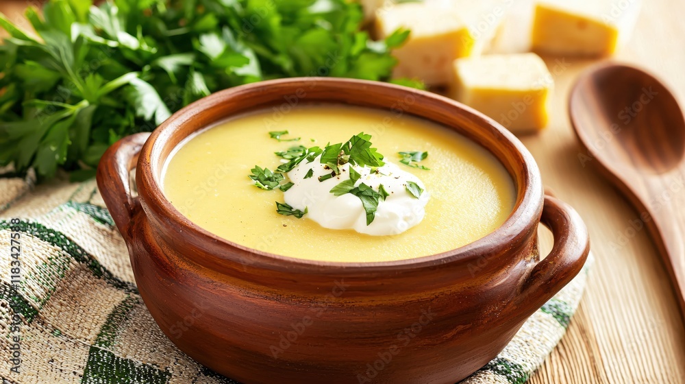 Creamy Potato Soup in Rustic Bowl Garnish with Parsley Creamy Potato Soup in Rustic Bowl Garnish with Parsley