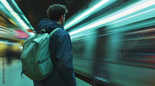 Man Waiting for Train Departure at Subway Station Platform