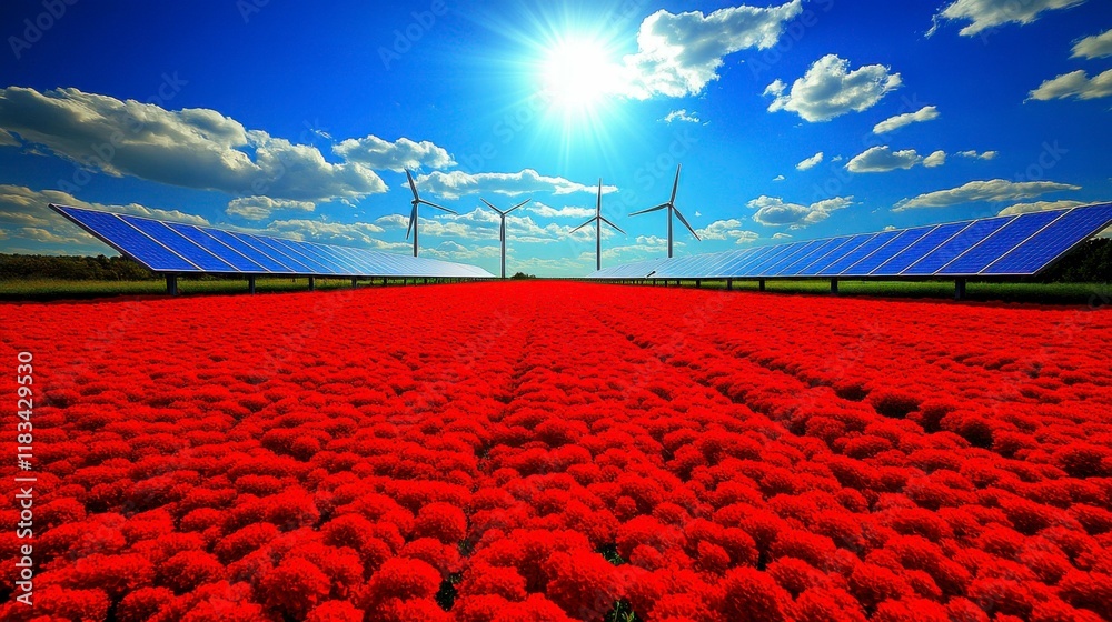 Fototapeta premium Creative illustration of renewable energy, with clean solar power systems, wind turbines, and bioenergy, symbolizing the diverse solutions leading to a sustainable and eco-friendly energy future