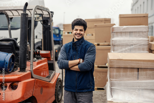 Wallpaper Mural Portrait of multicultural smiling professional forklift driver standing outdoors surrounded by forklift and boxes ready for shipping. Torontodigital.ca