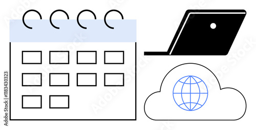 Minimalist calendar with spiral bindings alongside an open laptop and a cloud with a globe. Ideal for online planning, remote work, cloud services, digital communication, global connectivity, time