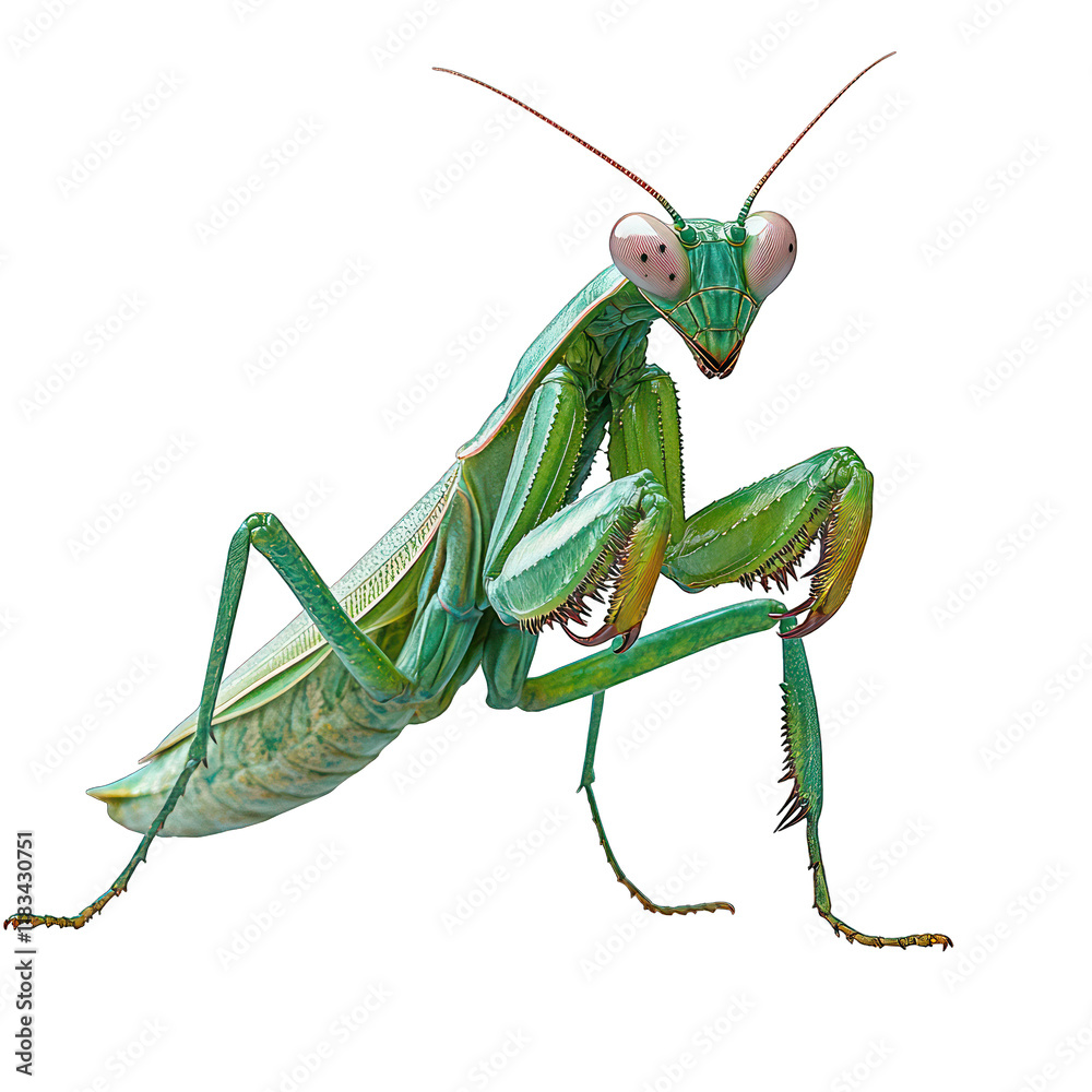 A colorful green mantis perched in a poised position. A colorful green mantis perched in a poised position.