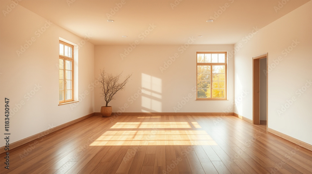 A minimalist interior design an empty, light-filled room with hardwood floors, an open floor plan, a large window, soft gentle light, diffused shadows, subtle illumination A minimalist interior design an empty, light-filled room with hardwood floors, an open floor plan, a large window, soft gentle light, diffused shadows, subtle illumination