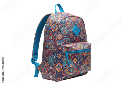 A multi-colored backpack with a blue strap isolated on white background, no depth of field, sharp. photo