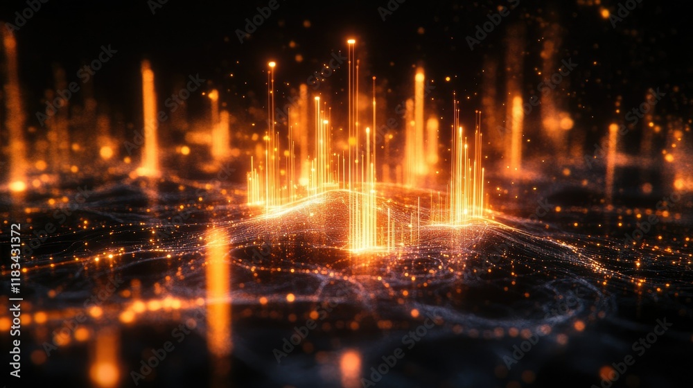 3D-rendered financial chart with luminous candlesticks, surrounded by dynamic data streams on a black backdrop. Concept of trading technology.