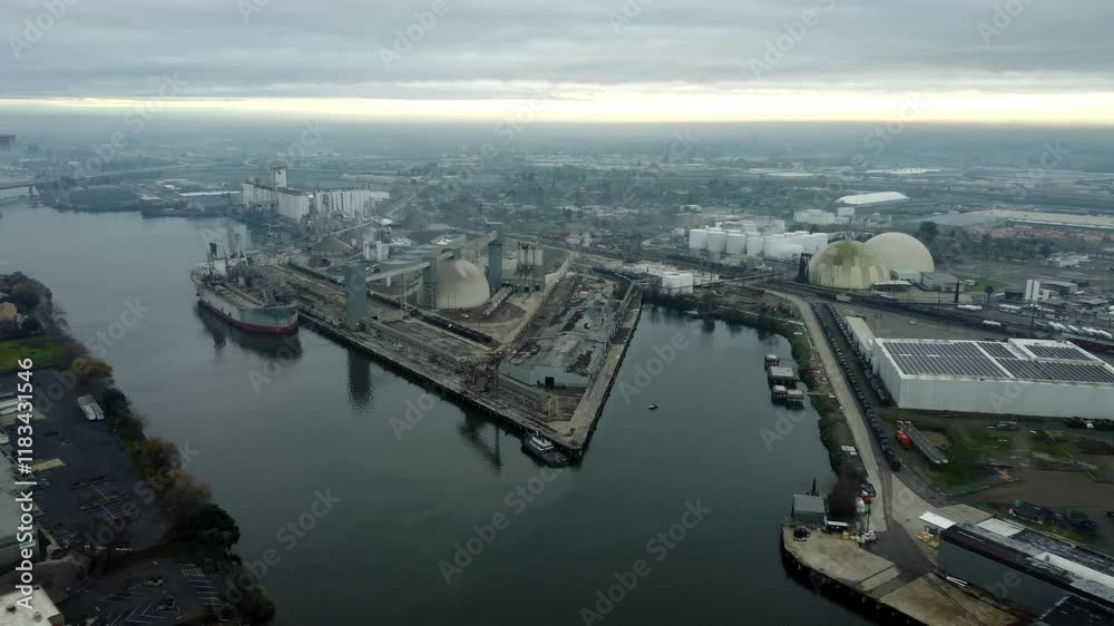 USA, CA, Stockton, Port, 2024-12-28 - Drone view of the Port of Stockton with a ship, a crane, and many industrial buildings. USA, CA, Stockton, Port, 2024-12-28 - Drone view of the Port of Stockton with a ship, a crane, and many industrial buildings.