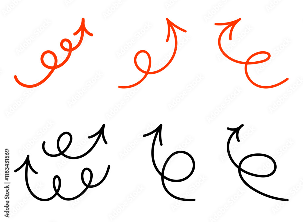 Fototapeta premium 手描き風のベクターペンで描かれた赤と黒の多様な矢印セット