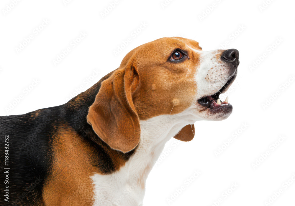 Beagle dog barking with mouth open, isolated on white background