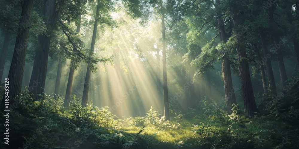 Fototapeta premium A serene forest illuminated by morning sunlight streaming through the trees highlights the beauty of nature and a sense of calmness and tranquility.