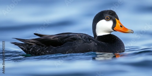 Surf scoter swimming in coastal waters showcases the large, dark sea duck s characteristics. Breeding male surf scoters display vibrant bills along with distinct white patches on their nape and photo