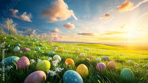Easter event with colorful eggs spread across a bright green field