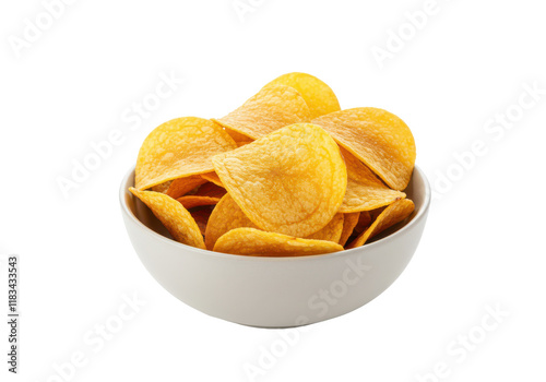 Bowl of potato chips isolated on white background, front view, no depth of field, sharp. photo