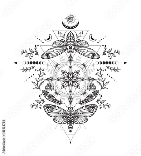 Vector composition of black and white moth, plants, elements of astrology and sacred geometry isolated on white background. Mystical symbols and insects.