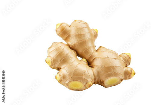 Fresh ginger root with green leaves isolated on white background, front view, no depth of field, sharp.
