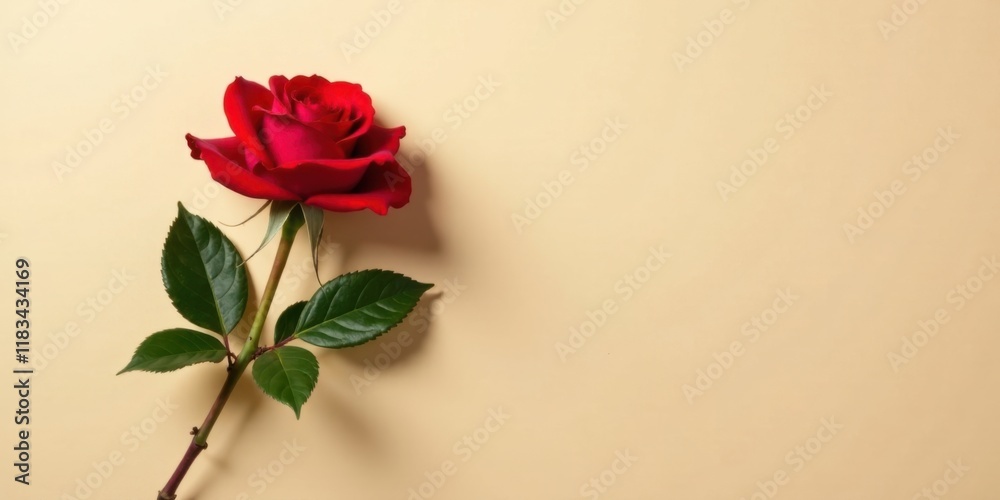 Single Red Rose on Pale Yellow Background, Perfect for Romance and Love Themes Single Red Rose on Pale Yellow Background, Perfect for Romance and Love Themes