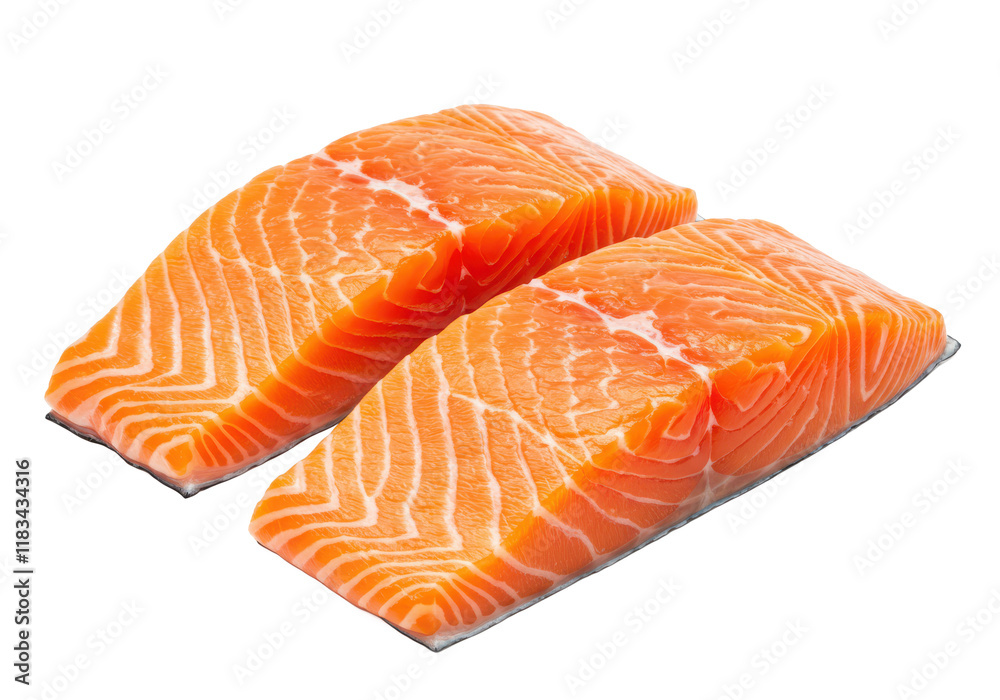 Two raw salmon steaks isolated on white background, side view, no depth of field, sharp. Two raw salmon steaks isolated on white background, side view, no depth of field, sharp.
