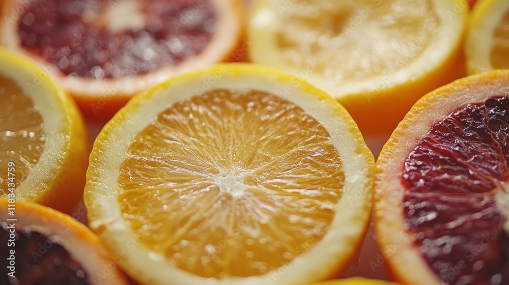 Close up view of sliced lemons, showcasing the vibrant colors and textures of lemons, blood orange, and orange. This close up of lemons captures their refreshing qualities beautifully.