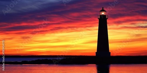 A lighthouse stands out in silhouette against the vibrant colors of the sunset sky. The lighthouses outline contrasts beautifully with the warm hues of the evening sky. photo