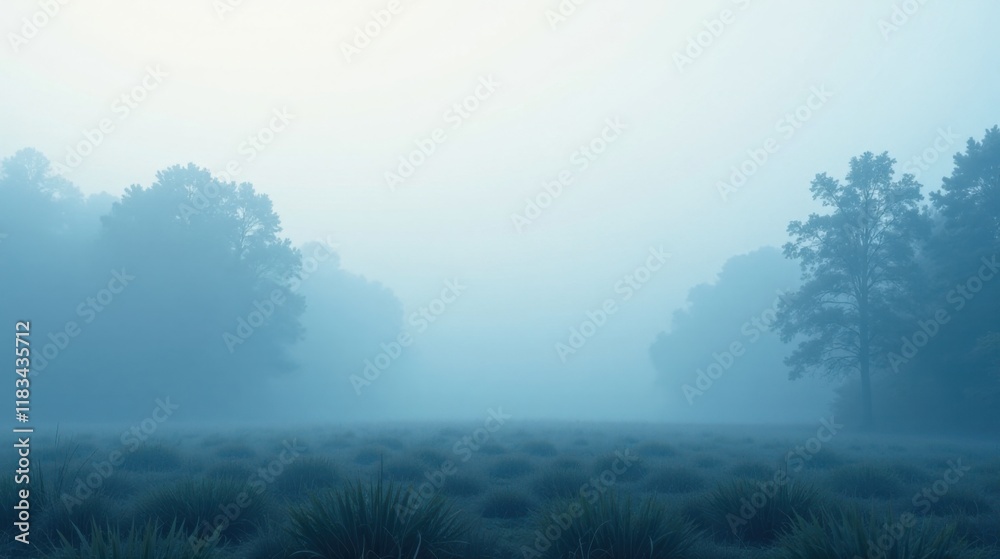 Fototapeta premium Serene Morning Mist Enveloping a Field of Grass and Trees