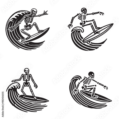 Set of Surfing Skull Clipart Sublimation - Skeleton surfing wave illustration Vector