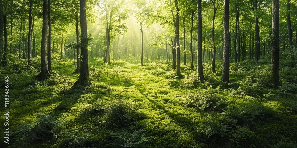 Obraz premium Lush green forest during the vibrant spring season, showcasing the beauty of greenery and the refreshing ambiance found within a green forest filled with life.