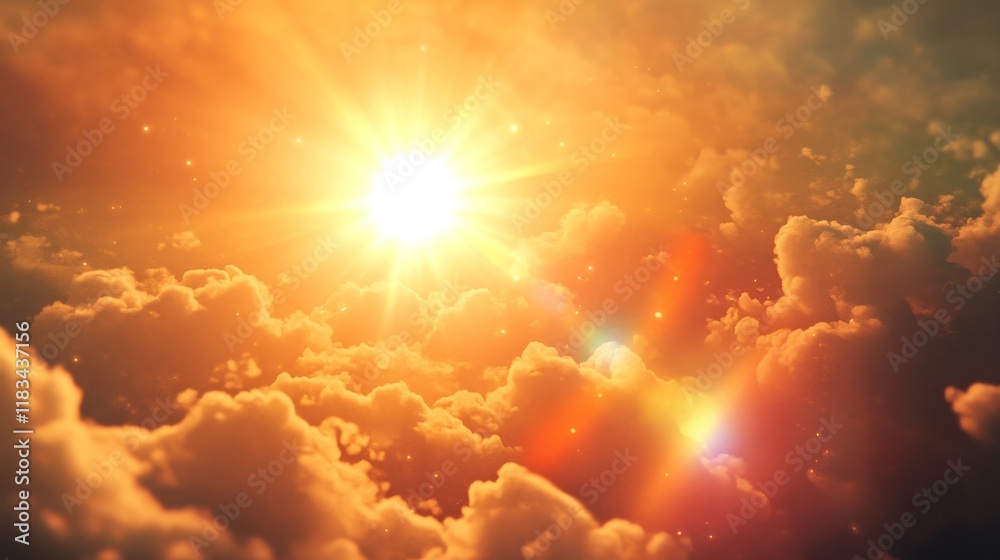 Fototapeta premium Radiant sun with vibrant rainbow lens flare emerges from a cloudy sky in sepia tones, creating a heavenly concept background that evokes a sense of tranquility and wonder.