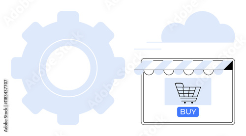 Gear icon next to e-commerce window with awning, shopping cart, and buy button. Ideal for online retail, e-commerce solutions, shopping apps, digital marketing, tech integration, web services