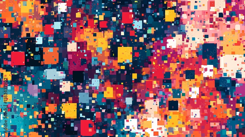 Fototapeta premium Abstract Colorful Pixels Background with Vibrant Patterns in Blue, Red, Yellow, and Orange Shades for Modern Art and Design Projects