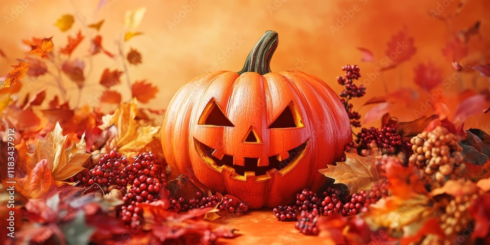 A large orange jack o lantern features a happy grin, surrounded by vibrant berries and fall leaves, all set against a warm orange backdrop. A large orange jack o lantern features a happy grin, surrounded by vibrant berries and fall leaves, all set against a warm orange backdrop.