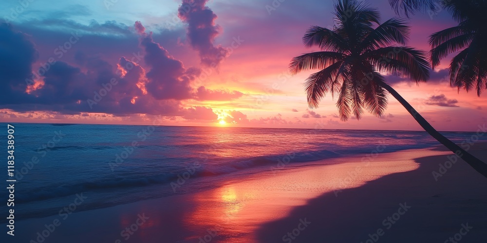 Palms gracefully swaying on a sandy beach as the sun sets, creating a serene scene with palms silhouetted against the vibrant colors of the sunset reflecting on the sand beach. Palms gracefully swaying on a sandy beach as the sun sets, creating a serene scene with palms silhouetted against the vibrant colors of the sunset reflecting on the sand beach.