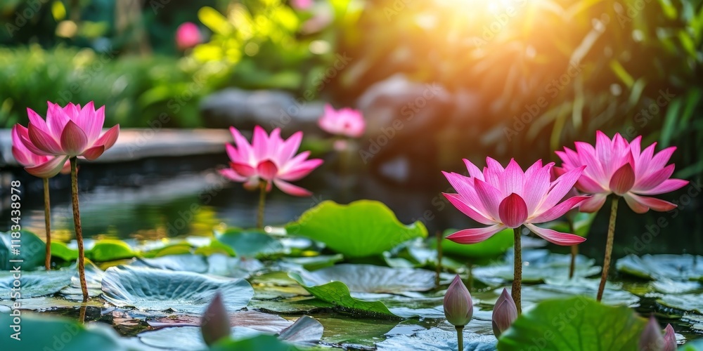 Serene landscape featuring vibrant pink lotus flowers in a lush green pond, creating a tranquil atmosphere with the beauty of pink lotus enhancing the natural scenery. Serene landscape featuring vibrant pink lotus flowers in a lush green pond, creating a tranquil atmosphere with the beauty of pink lotus enhancing the natural scenery.