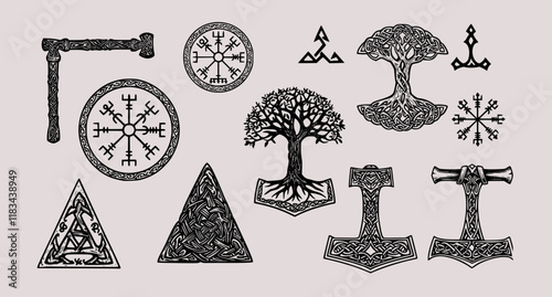 Set of Viking symbols. Collection of scandinavian pagan norse sign vegvisir, celtic tree of life, hammer of Thor, etc. Magic warrior norse symbol. Vector illustration on white background