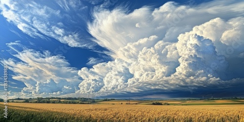 Cumulonimbus clouds towering over farmland create a stunning landscape. These cumulonimbus formations are known for their impressive vertical development, often exceeding fifteen kilometers high. photo