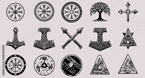 Set of Viking symbols. Collection of scandinavian pagan norse sign vegvisir, celtic tree of life, hammer of Thor, etc. Magic warrior norse symbol. Vector illustration on white background