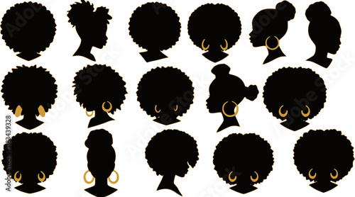 Set of silhouette afro girl. Collection of black woman face with stylized hairstyle. Vector illustration of girl head with stylized haircut.