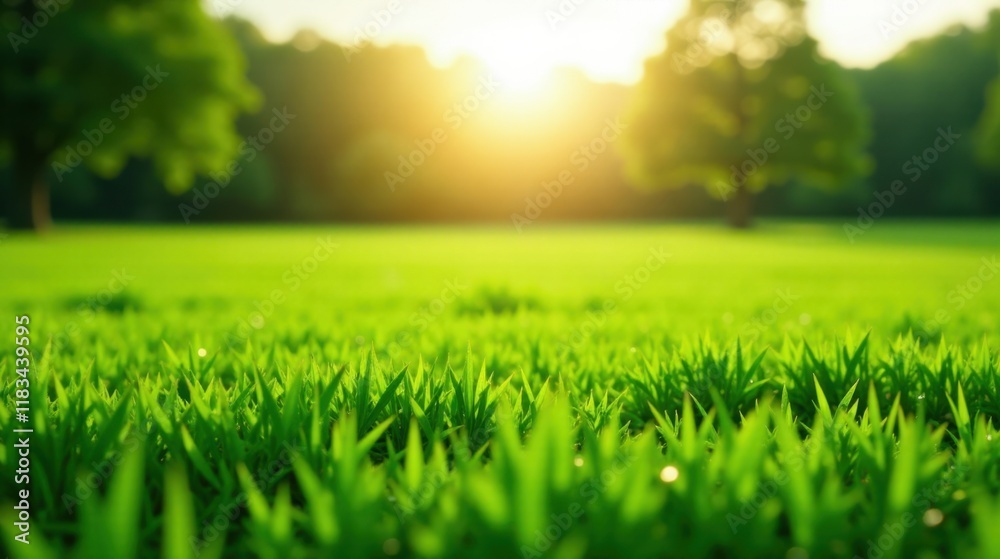 Vibrant Green Grass Field at Sunset with Trees in Background Vibrant Green Grass Field at Sunset with Trees in Background